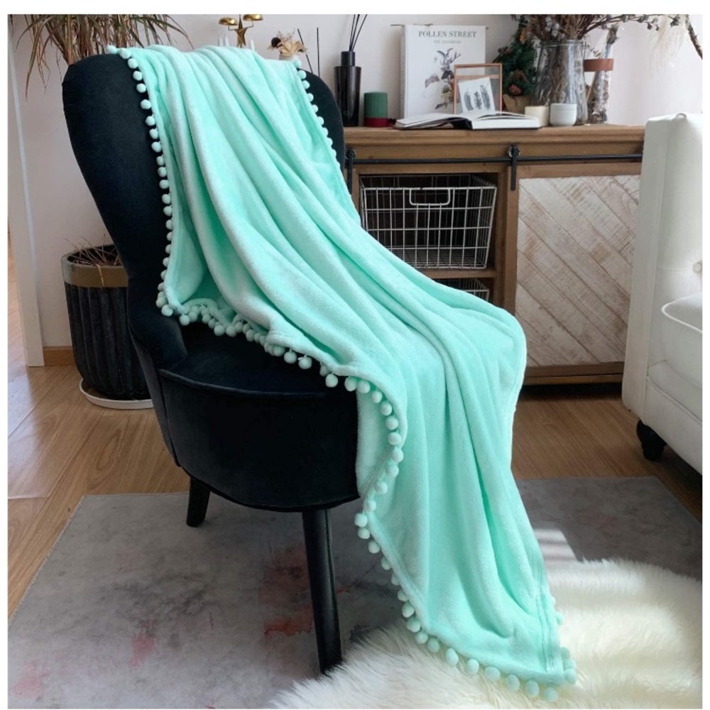 Navy Blue Pompom Fringe Chic Cozy Soft Throw Blanket/Cover - Picture 16 of 16